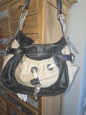 b. makowsky Black and Cream Hobo Shoulder Bag